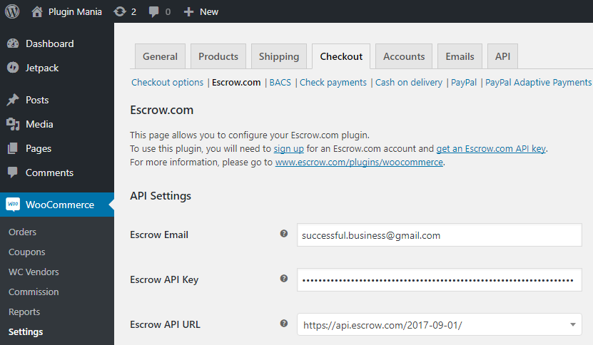 Escrow.com Settings Page in WooCommerce