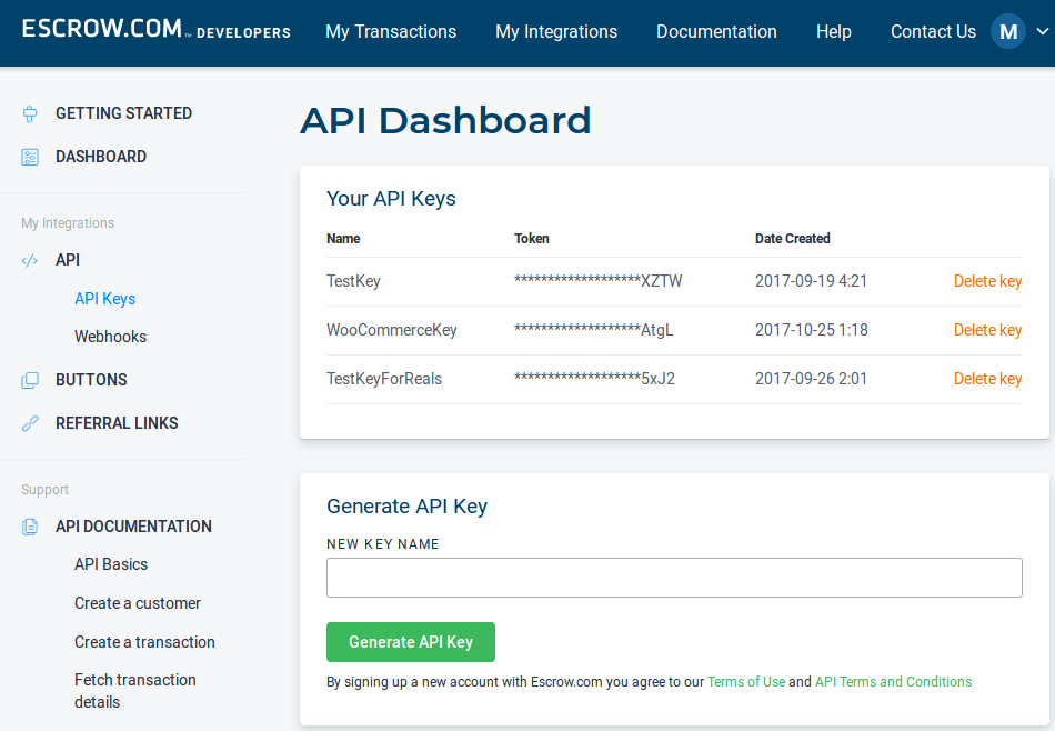 API Keys page