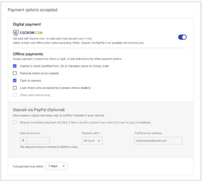 Escrow.com is the only digital payment method for eBay Motors